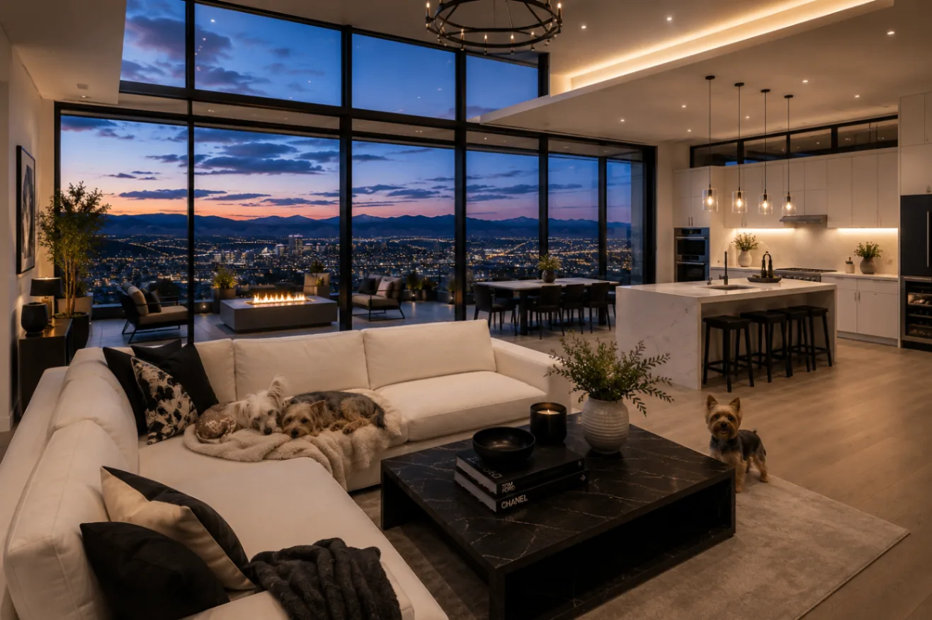 Elegant Colorado luxury home interior with city skyline